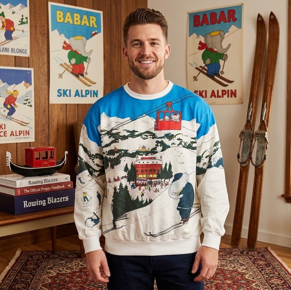 Rowing Blazers x Babar Ski Scene Windbreaker Sweatshirt Size L Multicolor NWT